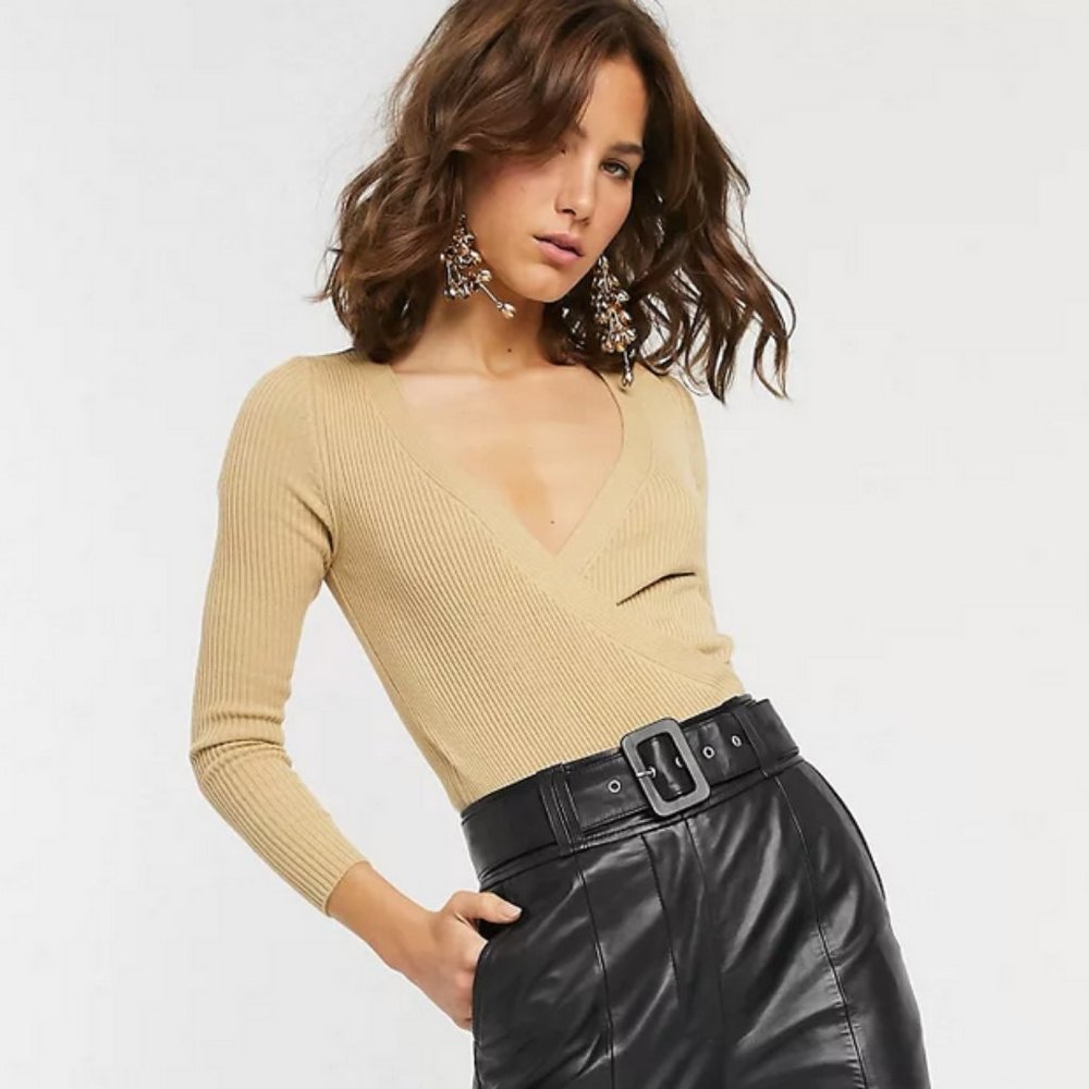 ASOS beige, ribbed, wrap knit body suit long sleeve top